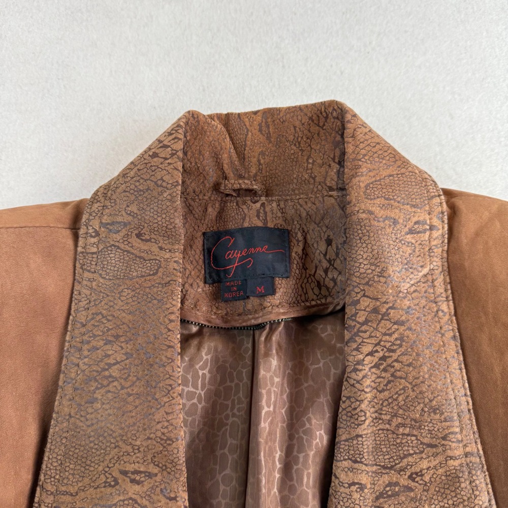 Cayenne Womens Brown Leather Trench Coat Snakeskin Embossed Trim Duster Size M - Picture 3 of 9